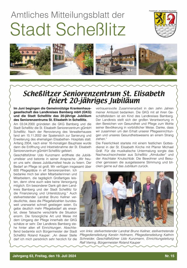Scheßlitzer Anzeiger - Amtliches Mitteilungsblatt der Stadt Scheßlitz Titelblatt 15/2024