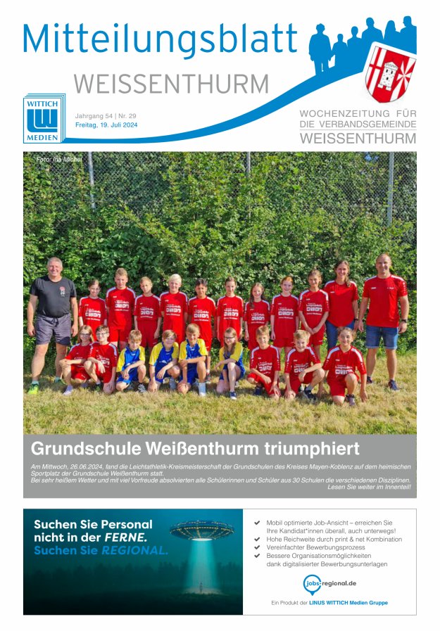 Mitteilungsblatt für den Bereich der Verbandsgemeinde Weißenthurm Titelblatt 29/2024