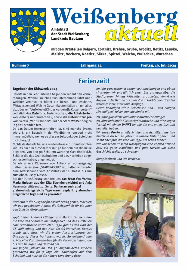 "Weißenberg aktuell" - Amtsblatt der Stadt Weißenberg Titelblatt 07/2024