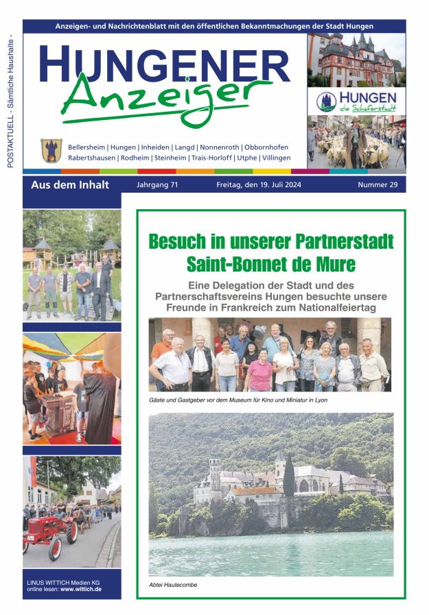 Anzeigen- und Nachrichtenblatt mit den öff  Bekanntmachungen der Stadt Hungen Titelblatt 29/2024