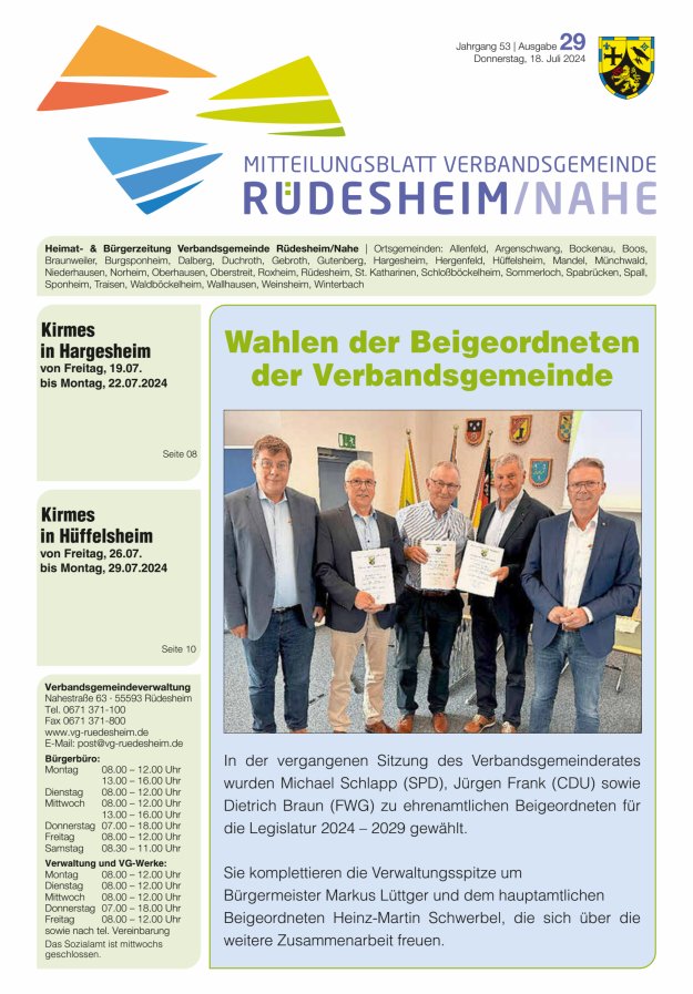 Mitteilungsblatt Verbandsgemeinde Rüdesheim und zugehörige Ortsgemeinden Titelblatt 29/2024