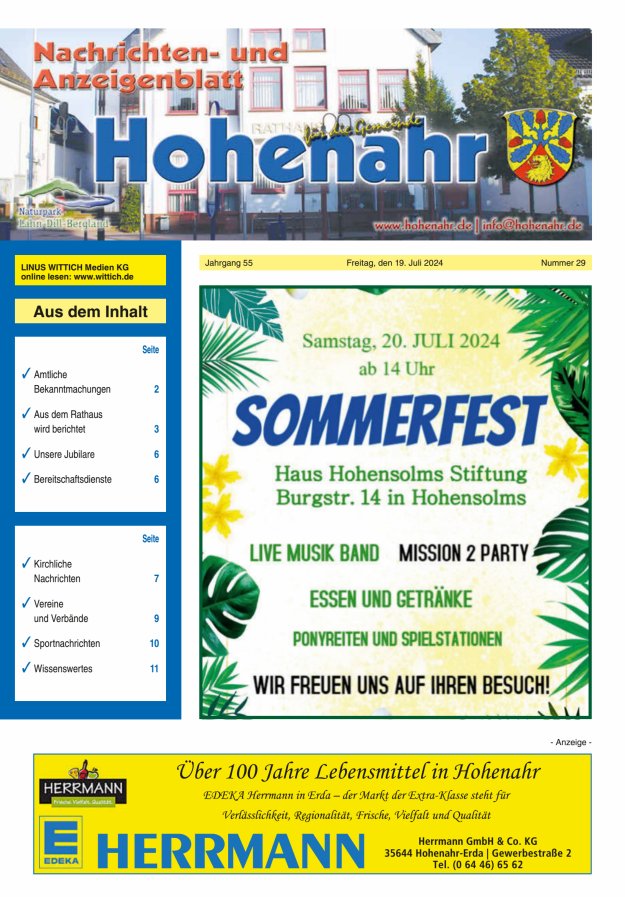 Nachrichten- und Anzeigenblatt für die Gemeinde Hohenahr Titelblatt 29/2024