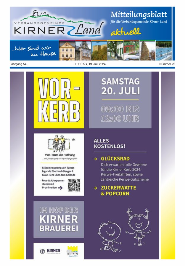 Mitteilungsblatt für den Bereich der Verbandsgemeinde Kirner Land Titelblatt 29/2024