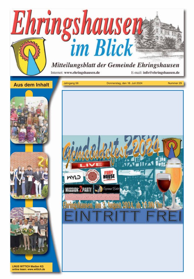 Mitteilungsblatt der Gemeinde Ehringshausen Titelblatt 29/2024