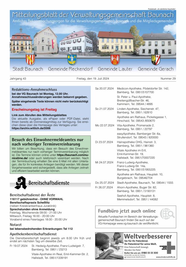 Mitteilungsblatt Verwaltungsgemeinschaft Baunach Titelblatt 29/2024