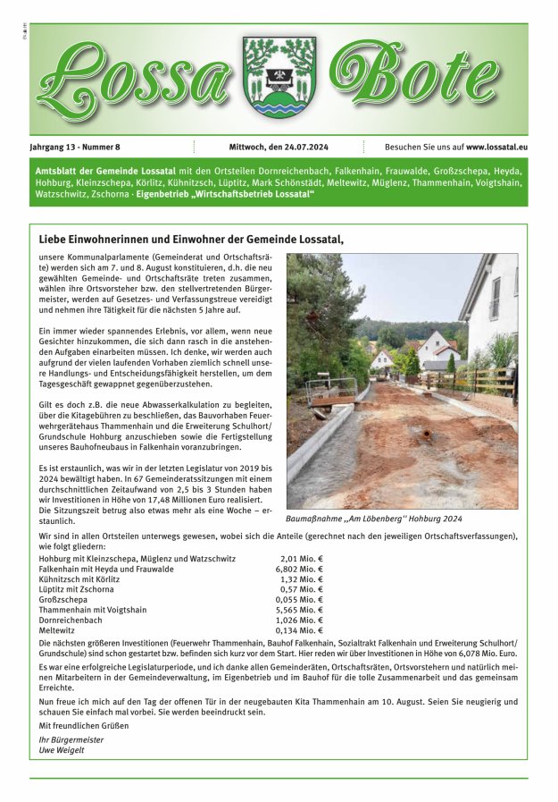 Amtsblatt Lossa Bote - Gemeinde Lossatal mit den Ortsteilen Titelblatt 08/2024
