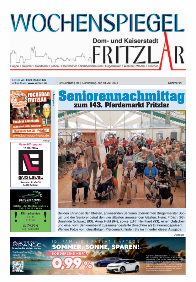 Wochenspiegel Dom- und Kaiserstadt Fritzlar Titelblatt 29/2024