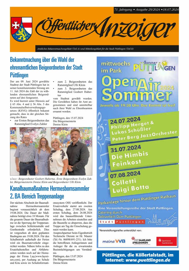 Öffentlicher Anzeiger - Stadt Püttlingen Titelblatt 29/2024