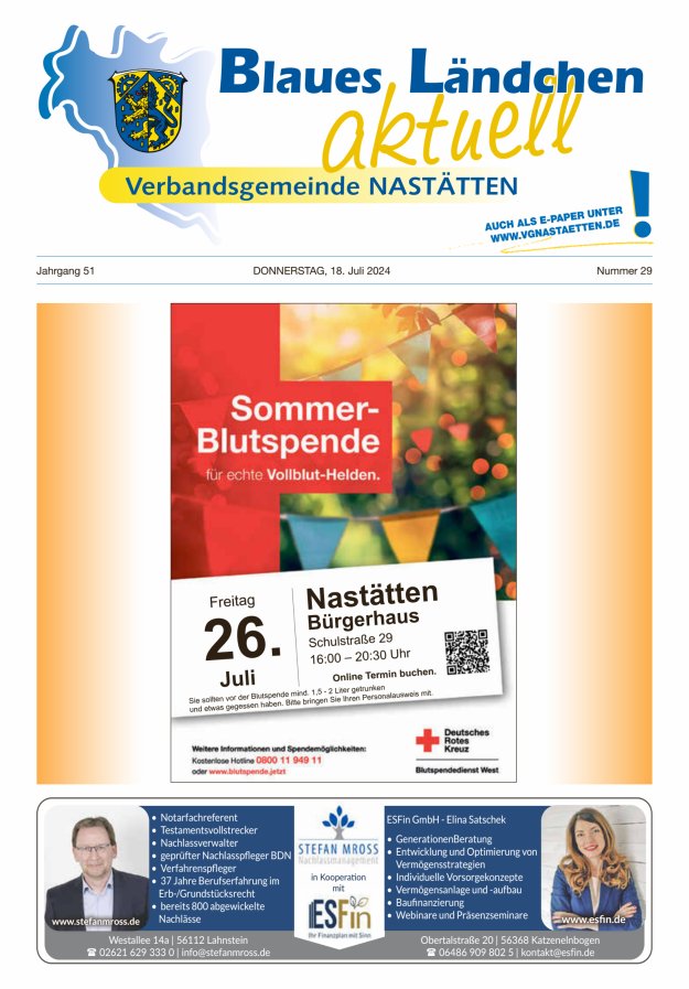 Blaues Ländchen aktuell - Heimat- u Bürgerzeitung VG Nastätten Titelblatt 29/2024