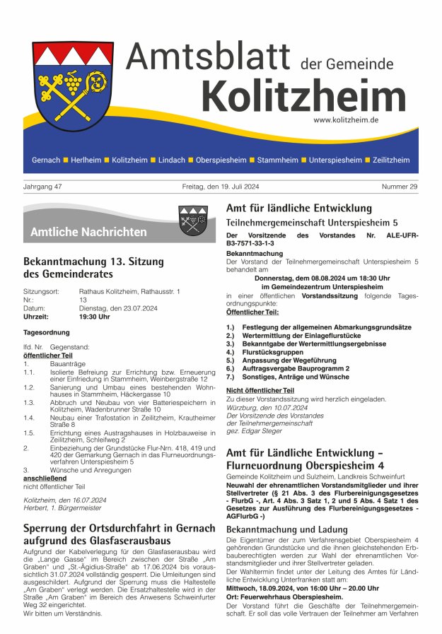 Amtsblatt der Gemeinde Kolitzheim Titelblatt 29/2024