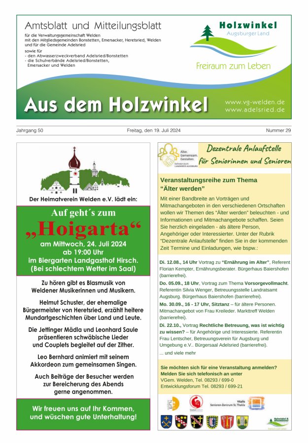 Aus dem Holzwinkel Amtsblatt u Mitteilungsblatt f VG Welden u GemAdelsried Titelblatt 29/2024