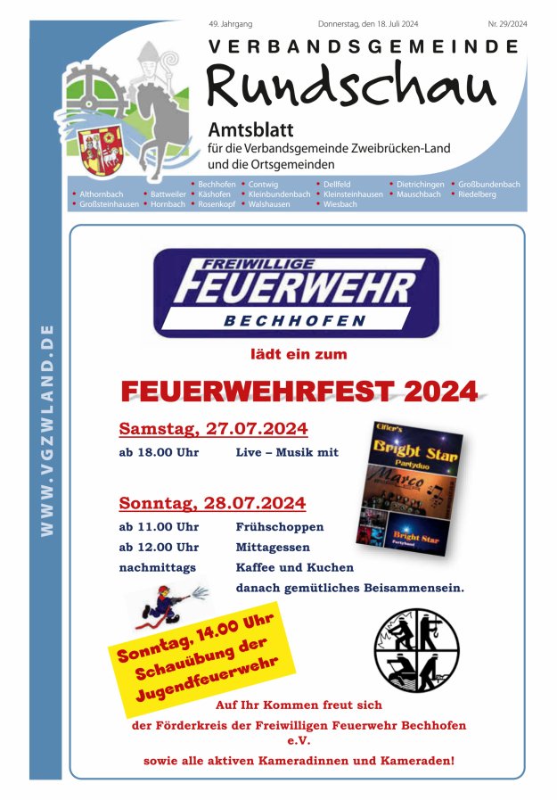 Verbandsgemeinde Rundschau Zweibrücken-Land Titelblatt 29/2024