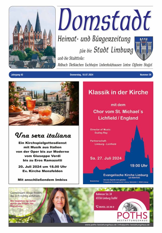 Domstadt - Heimat- und Bürgerzeitung für die Stadt Limburg Titelblatt 29/2024