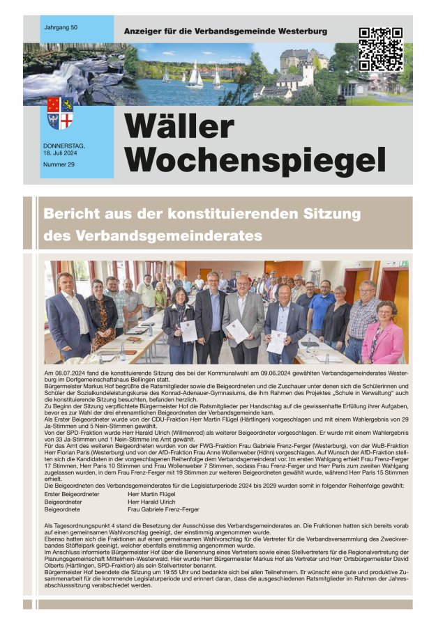 Wäller Wochenspiegel - Anzeiger für die Verbandsgemeinde Westerburg Titelblatt 29/2024