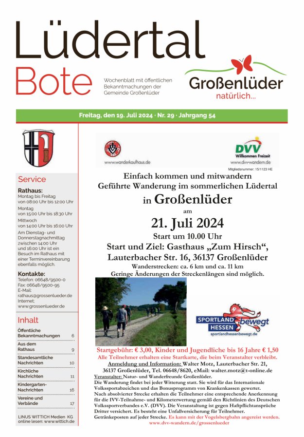 Wochenblatt mit öffentlichen Bekanntmachungen der Gemeinde Großenlüder Titelblatt 29/2024