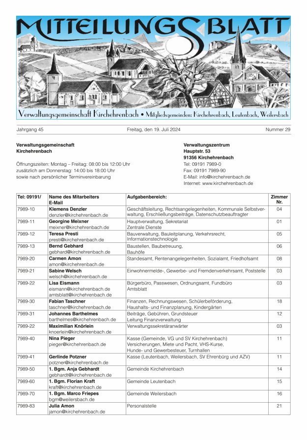 Mitteilungsblatt Verwaltungsgemeinschaft Kirchehrenbach Titelblatt 29/2024