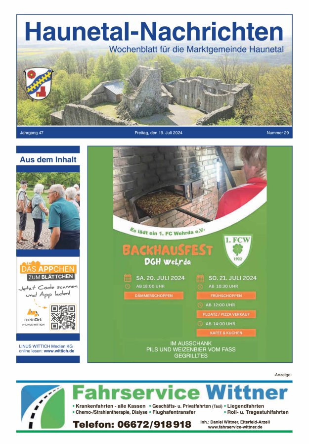 Haunetal-Nachrichten Titelblatt 29/2024