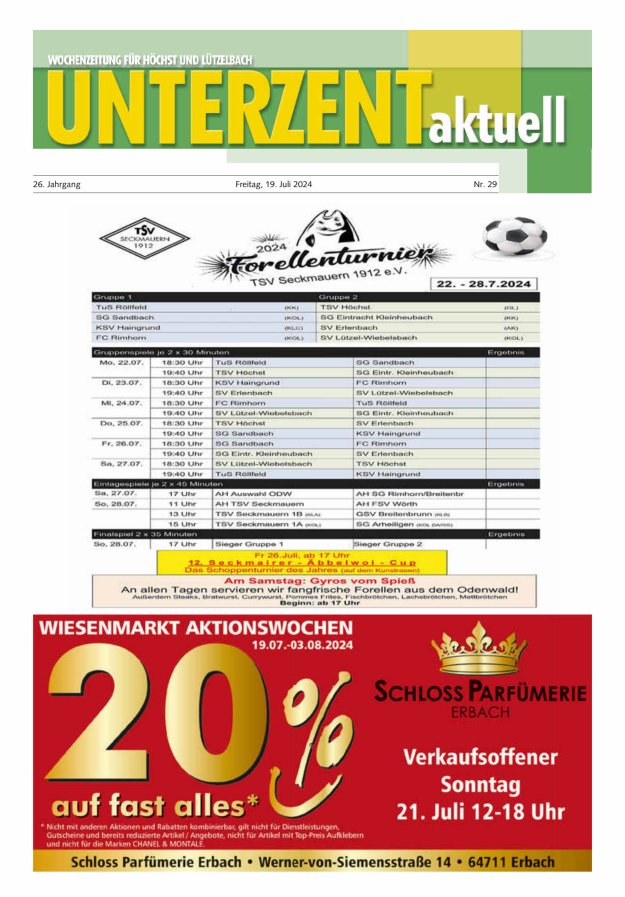 Unterzent aktuell Wochenzeitung für Höchst und Lützelbach Titelblatt 29/2024