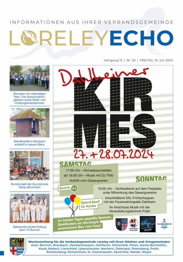 Loreley-Echo - Mitteilungsblatt der Verbandsgemeinde Loreley (Braubach) Titelblatt 29/2024