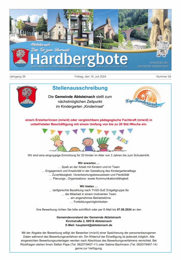 Hardbergbote - Mitteilungsblatt der Gemeinde Abtsteinach Titelblatt 29/2024