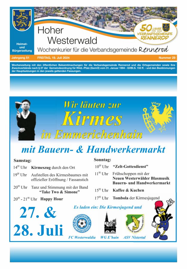 Hoher Westerwald - Wochenkurier für die Verbandsgemeinde Rennerod Titelblatt 29/2024