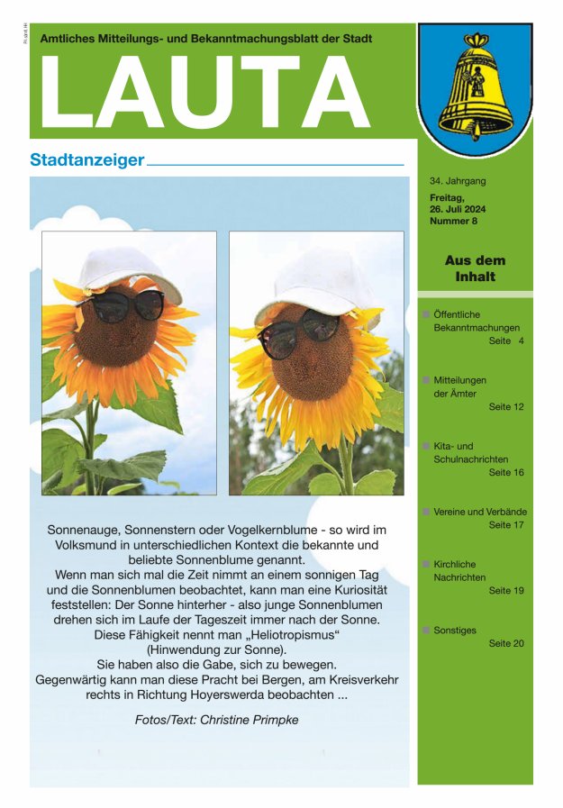 Amtliches Mitteilungs- und Bekanntmachungsblatt der Stadt Lauta - Stadtanzeiger Titelblatt 08/2024