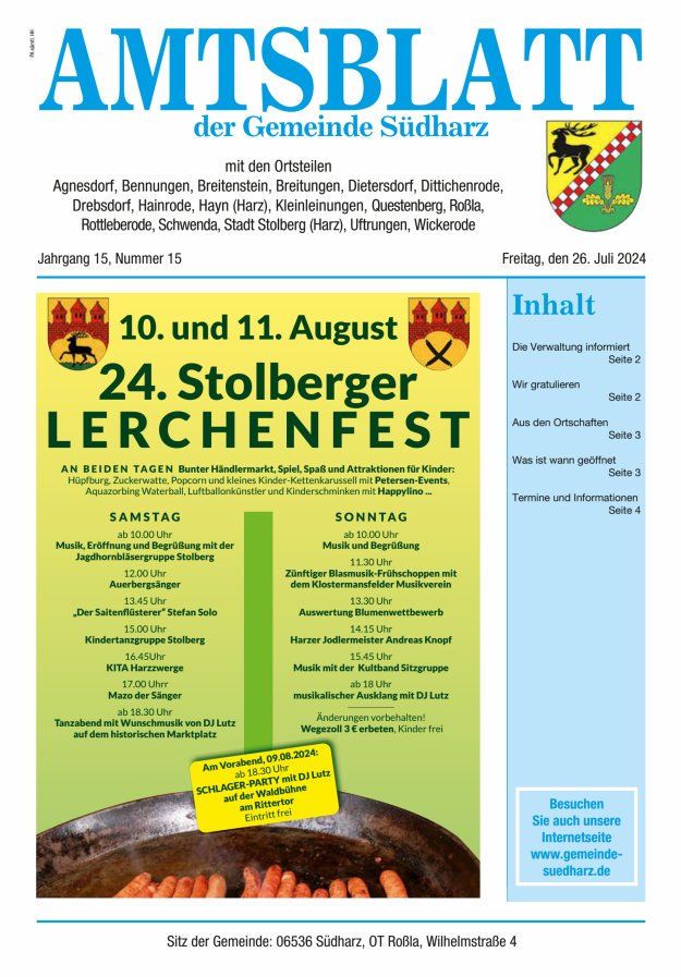 Amtsblatt der Gemeinde Südharz Titelblatt 15/2024