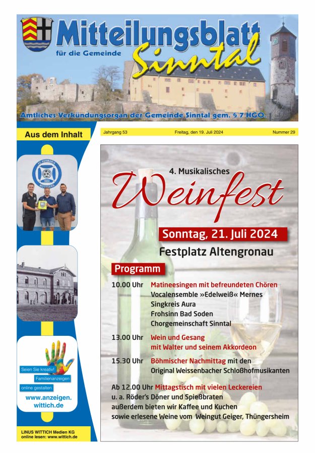 Mitteilungsblatt für die Gemeinde Sinntal Titelblatt 29/2024
