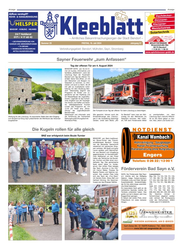 Kleeblatt - Amtliches Bekanntmachungsorgan der Stadt Bendorf Titelblatt 29/2024