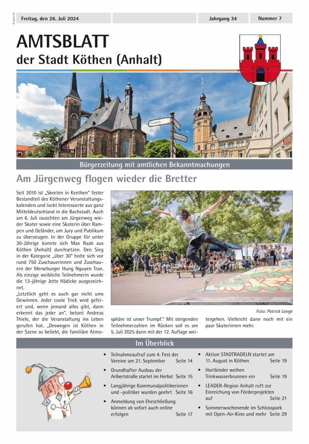 Amtsblatt der Stadt Köthen (Anhalt) – Bürgerzeitung mit amtlichen Bekanntmachungen Titelblatt 07/2024