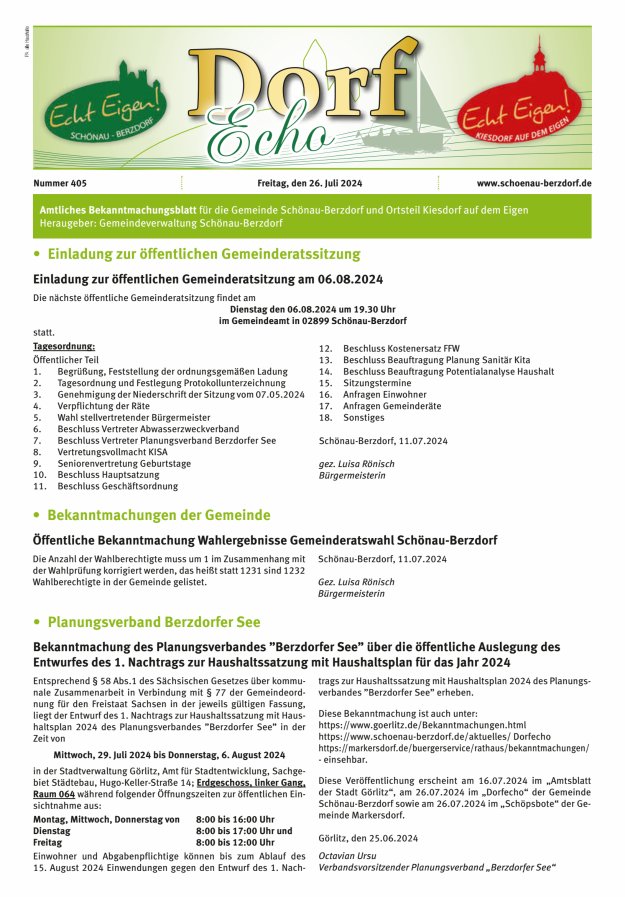 Dorfecho Amtliches Bekanntmachungsblatt für die Gemeinde Schönau-Berzdorf und OT Titelblatt 405/2024