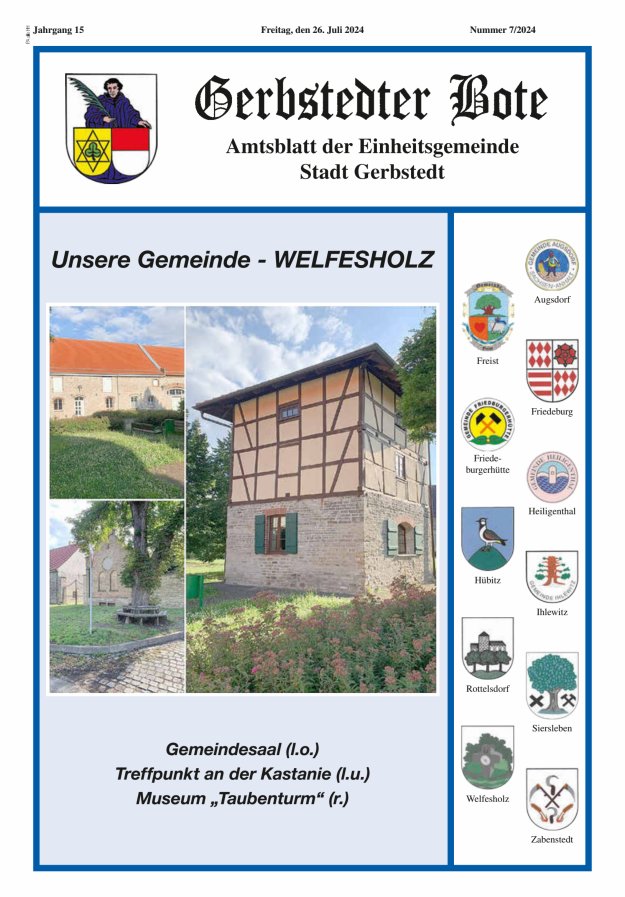 Gerbstedter Bote – Amtsblatt der Einheitsgemeinde Stadt Gerbstedt Titelblatt 07/2024