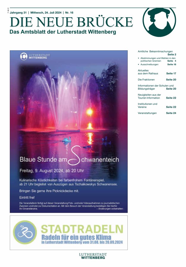 Die neue Brücke – Das Amtsblatt der Lutherstadt Wittenberg Titelblatt 16/2024