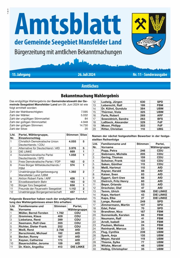 Amtsblatt der Gemeinde Seegebiet Mansfelder Land Titelblatt 11/2024