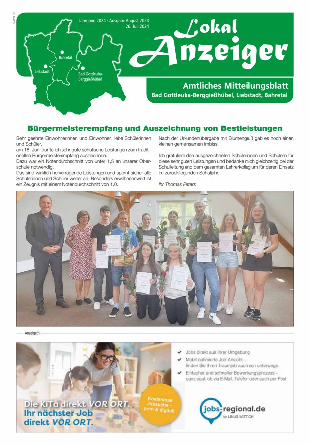 Lokal-Anzeiger - Amtliches Mitteilungsblatt Bad Gottleuba-Berggießhübel, Liebstadt, Bahretal Titelblatt 07/2024