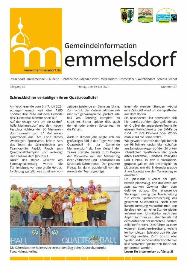 Mitteilungsblatt der Gemeinde Memmelsdorf Titelblatt 29/2024