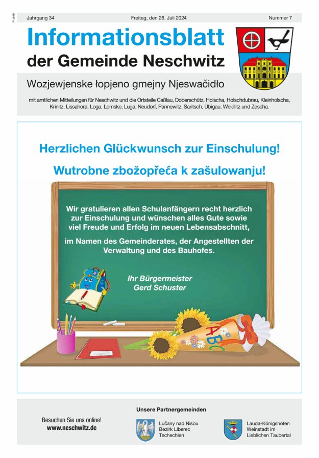 Informationsblatt der Gemeinde Neschwitz mit amtlichen Mitteilungen Titelblatt 07/2024