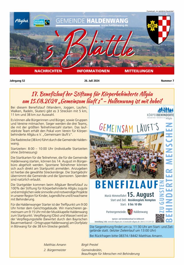 sBlättle der Gemeinde Haldenwang Titelblatt 07/2024