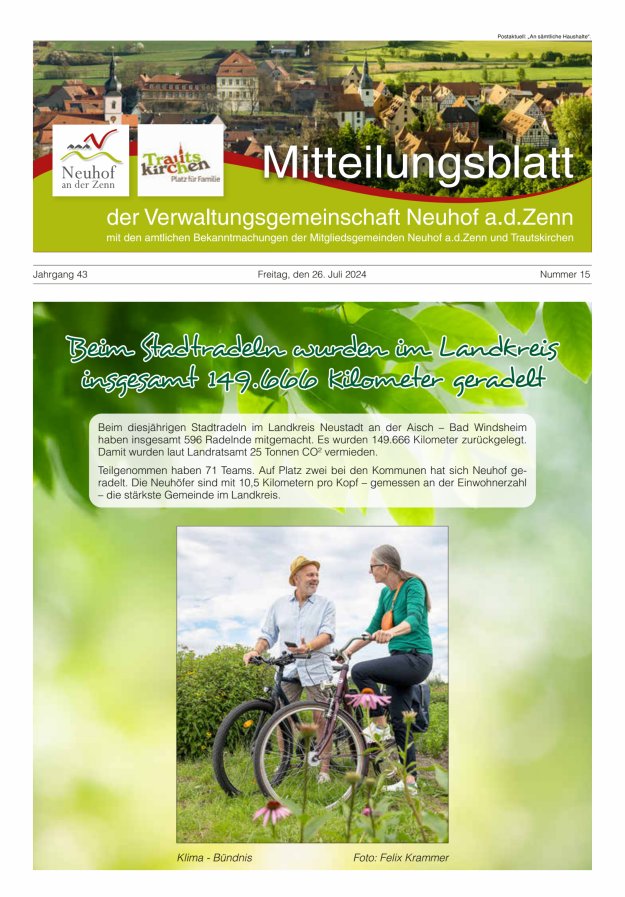 Mitteilungsblatt der Verwaltungsgemeinschaft Neuhof an der Zenn mit den amtlichen Bekanntmachungen der Mitgliedsgemeinden Neuhof an der Zenn und Trautskirchen Titelblatt 15/2024