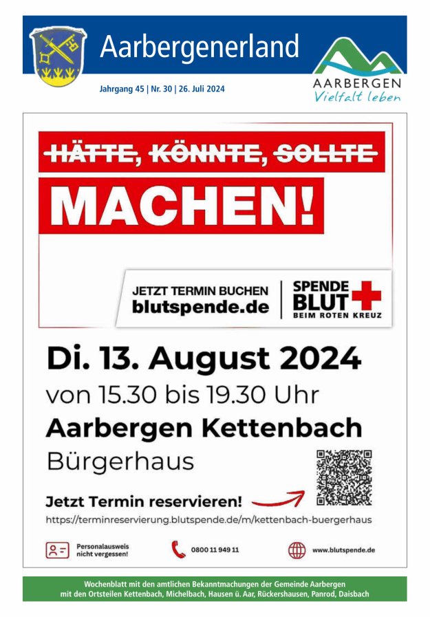 Aarbergenerland - Wochenblatt mit den amtlichen Bekanntmachungen Titelblatt 30/2024