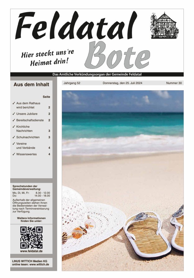 Das Amtliche Verkündungsorgan der Gemeinde Feldatal Titelblatt 30/2024