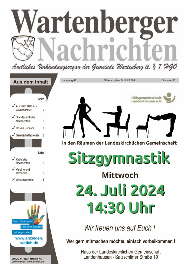 Wartenberger Nachrichten Titelblatt 30/2024