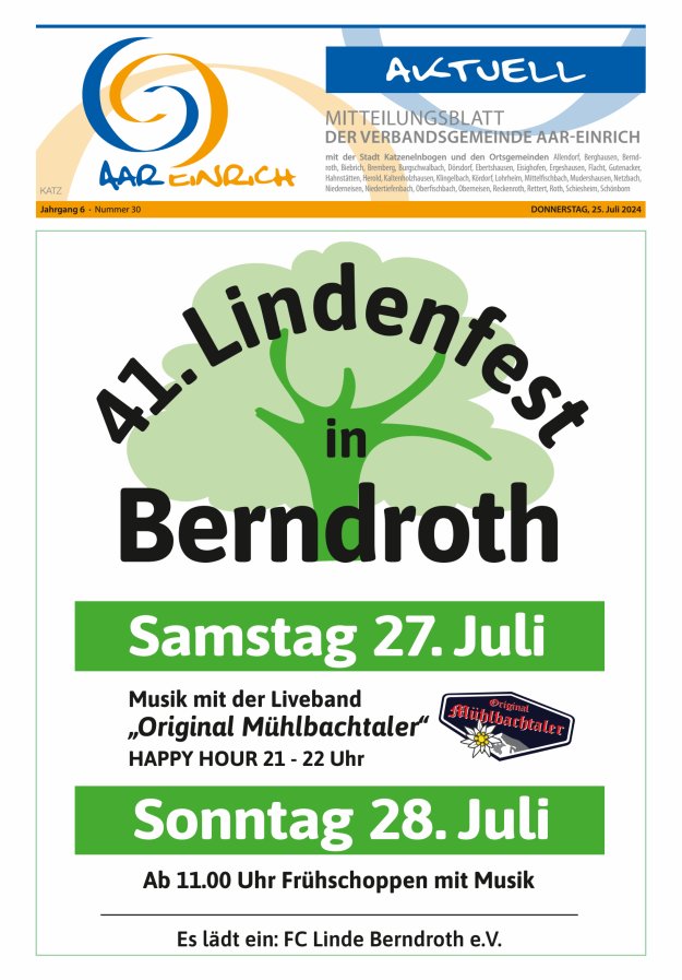 Mitteilungsblatt der Verbandsgemeinde Aar-Einrich Ausgabe Katzenelnbogen Titelblatt 30/2024