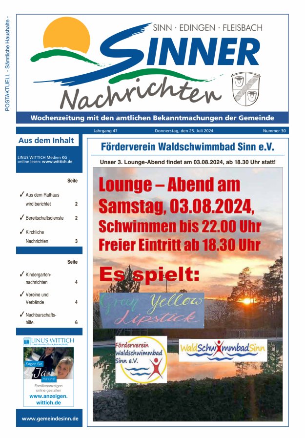 Sinner Nachrichten Titelblatt 30/2024