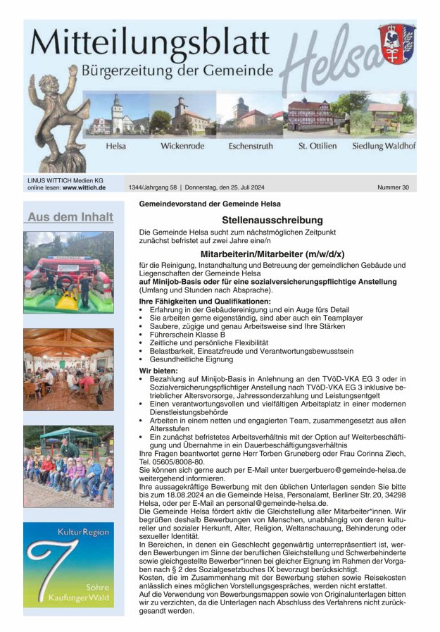 Mitteilungsblatt Helsa Titelblatt 30/2024