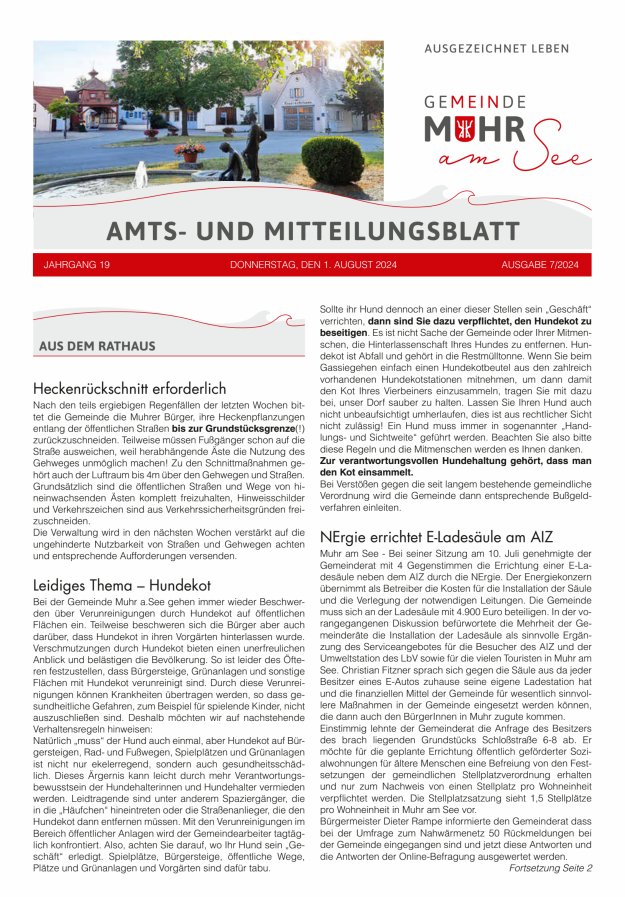 Muhrer Heimatbrief Amts- u Mitteilungsblatt der Gemeinde Muhr a See Titelblatt 07/2024
