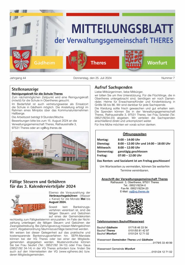 Mitteilungsblatt der Verwaltungsgemeinschaft Theres Titelblatt 07/2024