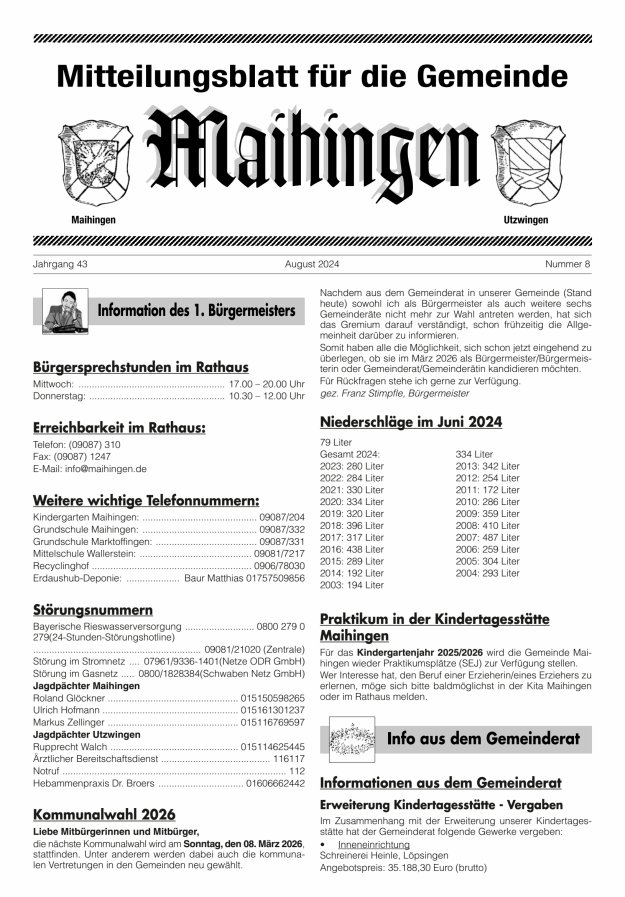 Mitteilungsblatt für die Gemeinde Maihingen Titelblatt 08/2024