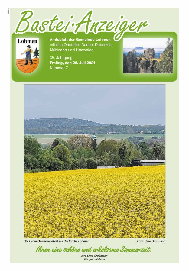 Bastei-Anzeiger - Amtsblatt der Gemeinde Lohmen mit den Ortsteilen Titelblatt 07/2024