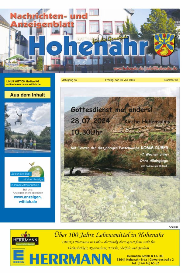 Nachrichten- und Anzeigenblatt für die Gemeinde Hohenahr Titelblatt 30/2024